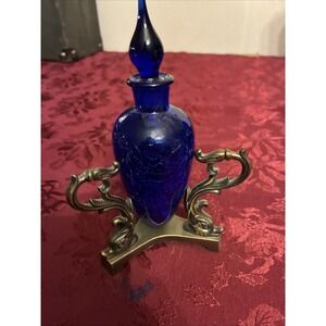 VINTAGE COBALT BLUE CRACKED GLASS PERFUME BOTTLE WITH ART NOUVEAU METAL STAND